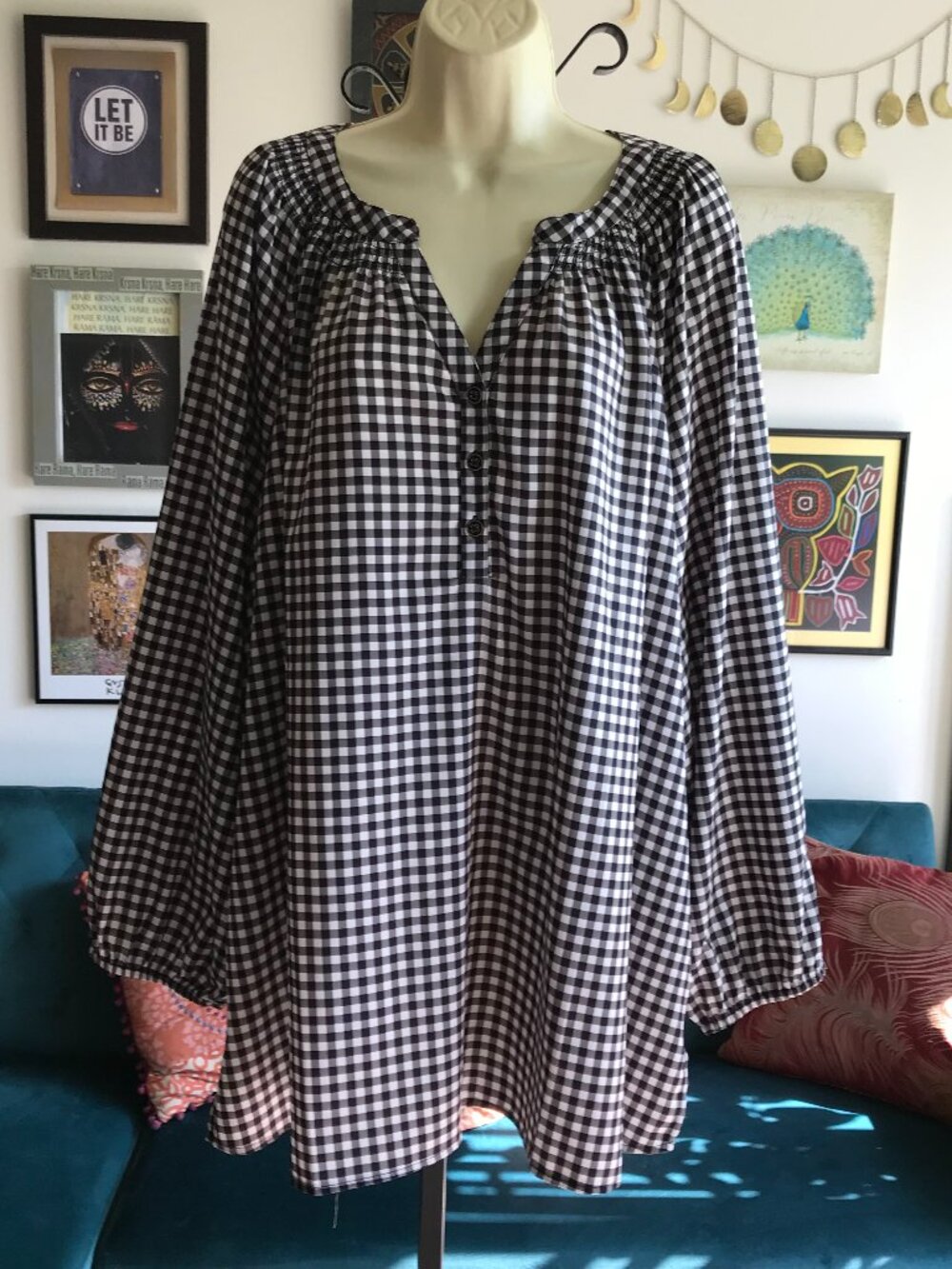 LIZ & ME size 3X Black & White Gingham Plaid Cottagecore Grandmacore Tunic Top
